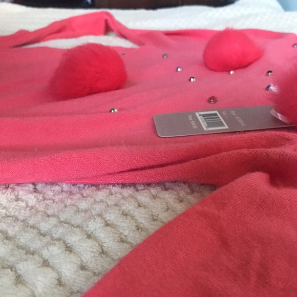 Emily Stacy thin pink sweater w/multicolored stones and pink fuzzy balls Size L - Picture 9 of 9